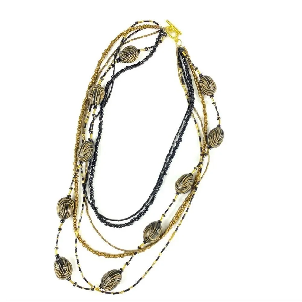 Boho Multi Strand Necklace & Earrings‎ Black Gold